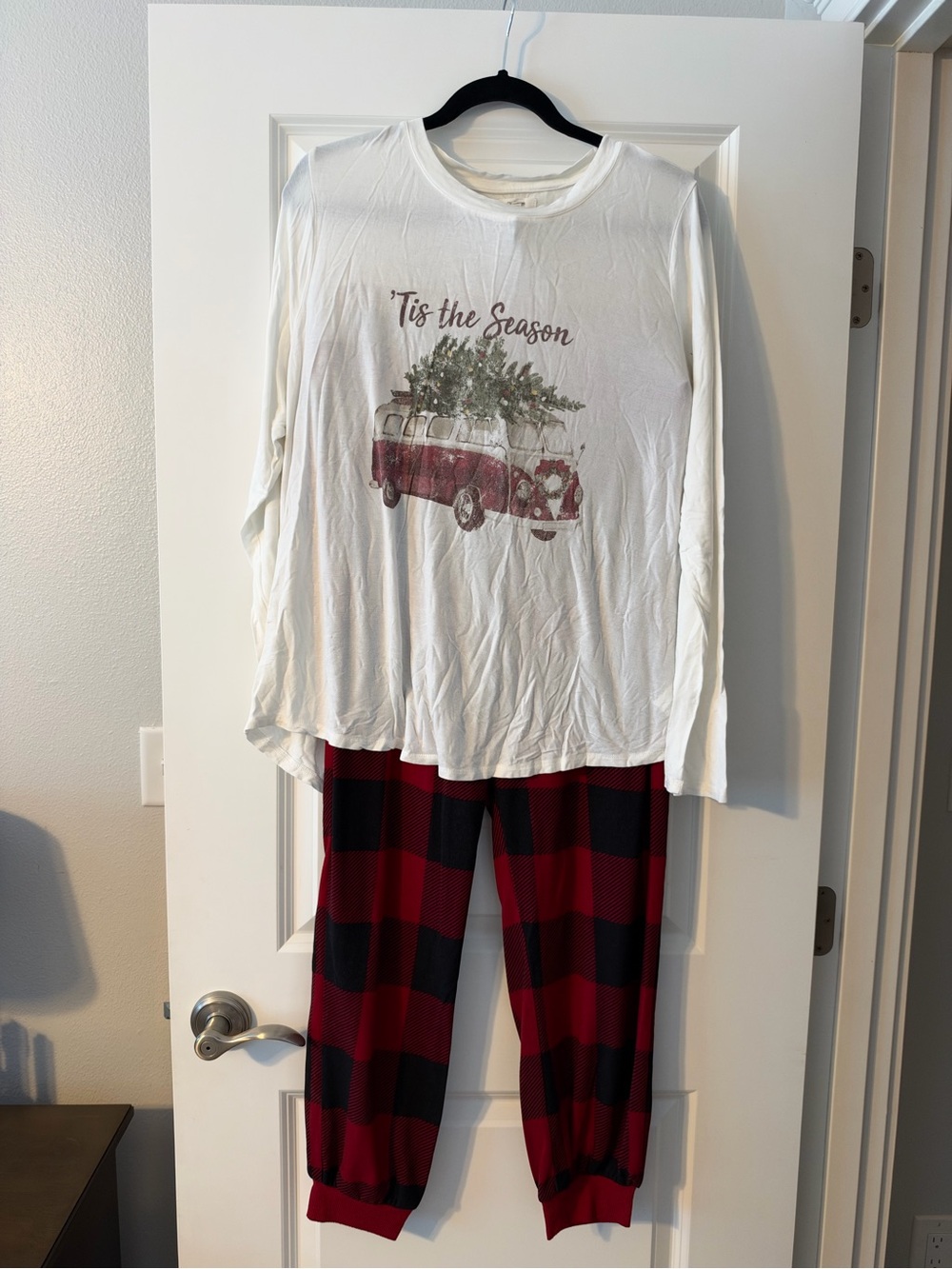 Women’s White 'Tis the Season Top and Red Buffalo Plaid Pants Pajama Set